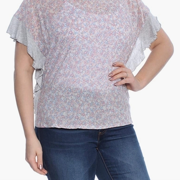 Vince Comuto Floral Chiffon Overlay Front Grey Soft Tee Shirt Flutter Sleeve L - Picture 2 of 7